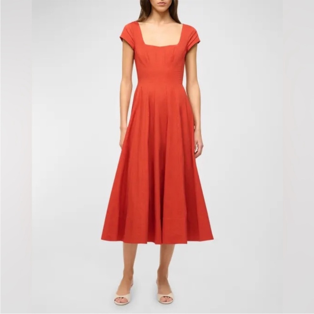 Staud Wells Short Sleeve Cotton Orange Midi Dress